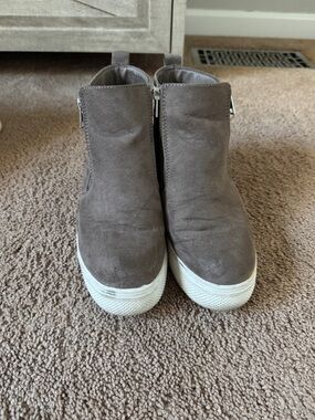 Taupe Suede Wedge Sneaker Boots - Slip-On Zip